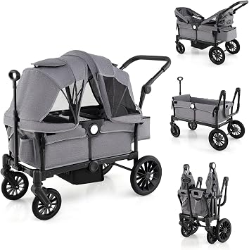 COSTWAY Stroller Wagon for 2 Kids, Push Pull Double Stroller with Adjustable Handle, Removable Canopy, Cup Holder, Food Tray, 3-Point Harness, Folding Camping Cart Trolley Gray