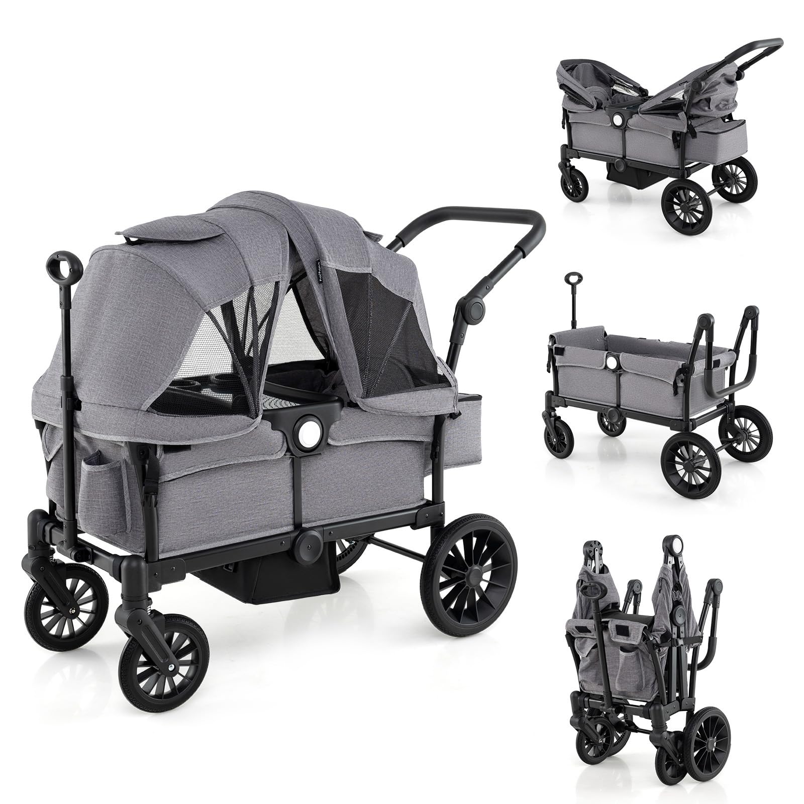 COSTWAY Stroller Wagon for 2 Kids, Push Pull Double Stroller with Adjustable Handle, Removable Canopy, Cup Holder, Food Tray, 3-Point Harness, Folding Camping Cart Trolley (Gray)