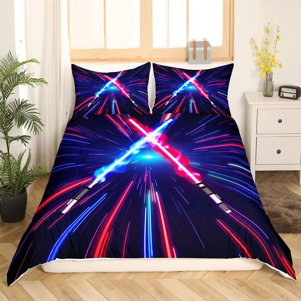 Lightsaber Duvet Cover Set Full Size,Geometric Lines Gradient Bedding Set 3pcs for Kids Teens Boys Room Decor, Future Technology Metaverse Comforter Cover Red Blue Quilt Cover with 2 Pillowcases