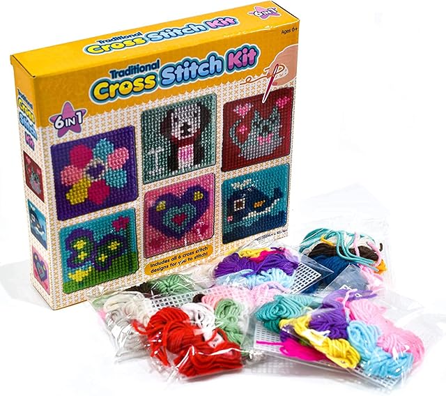 Guilty Gadgets Kids 6 in 1 Cross Stitch Kit Assorted Embroidery Boards with 36 Coloured Threads Included | Kids Embroidery Kit