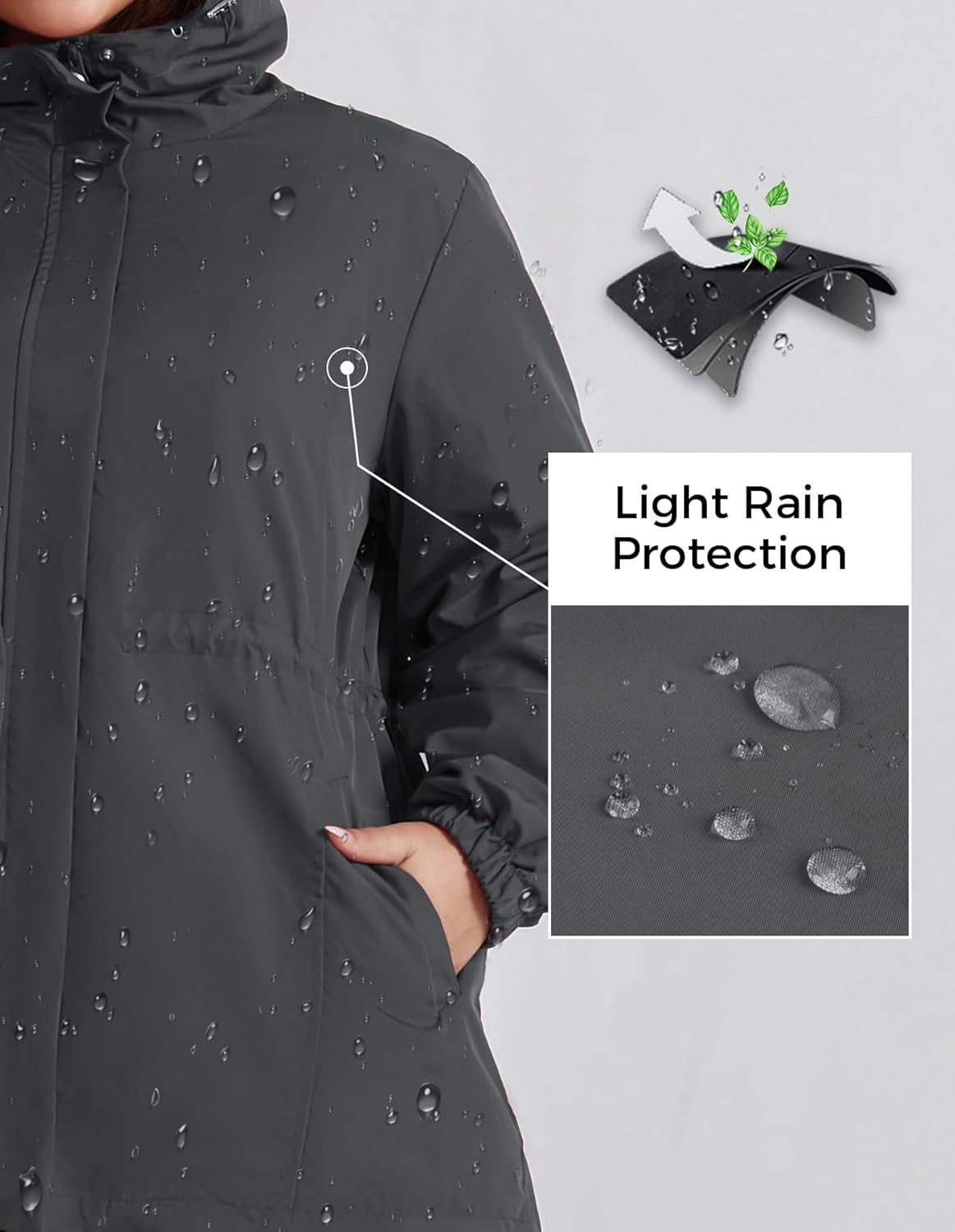 Hanna Nikole Women's Long Rain Jacket Plus Size Fleece Lined Waterproof Hooded Rain Coat Lightweight Pockets Windbreaker Trip