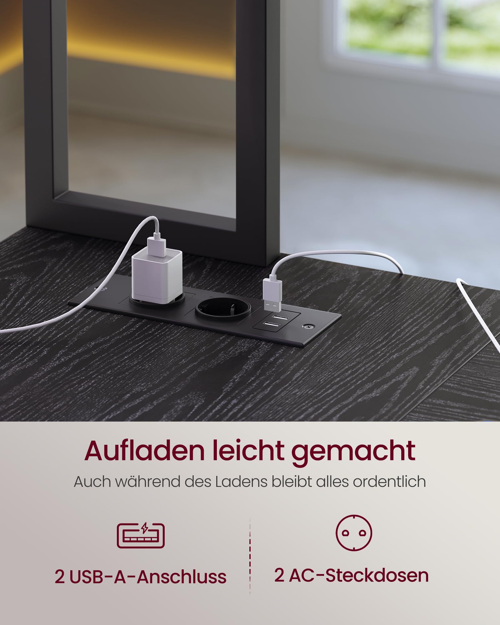 VASAGLE L-Form Schreibtisch, Eckschreibtisch mit Steckdosen und LED-Beleuchtung, Computertisch mit 3 Schubladen und Monitorständer, 140 x 100 x 150 cm, Schwarz, LWD162B101