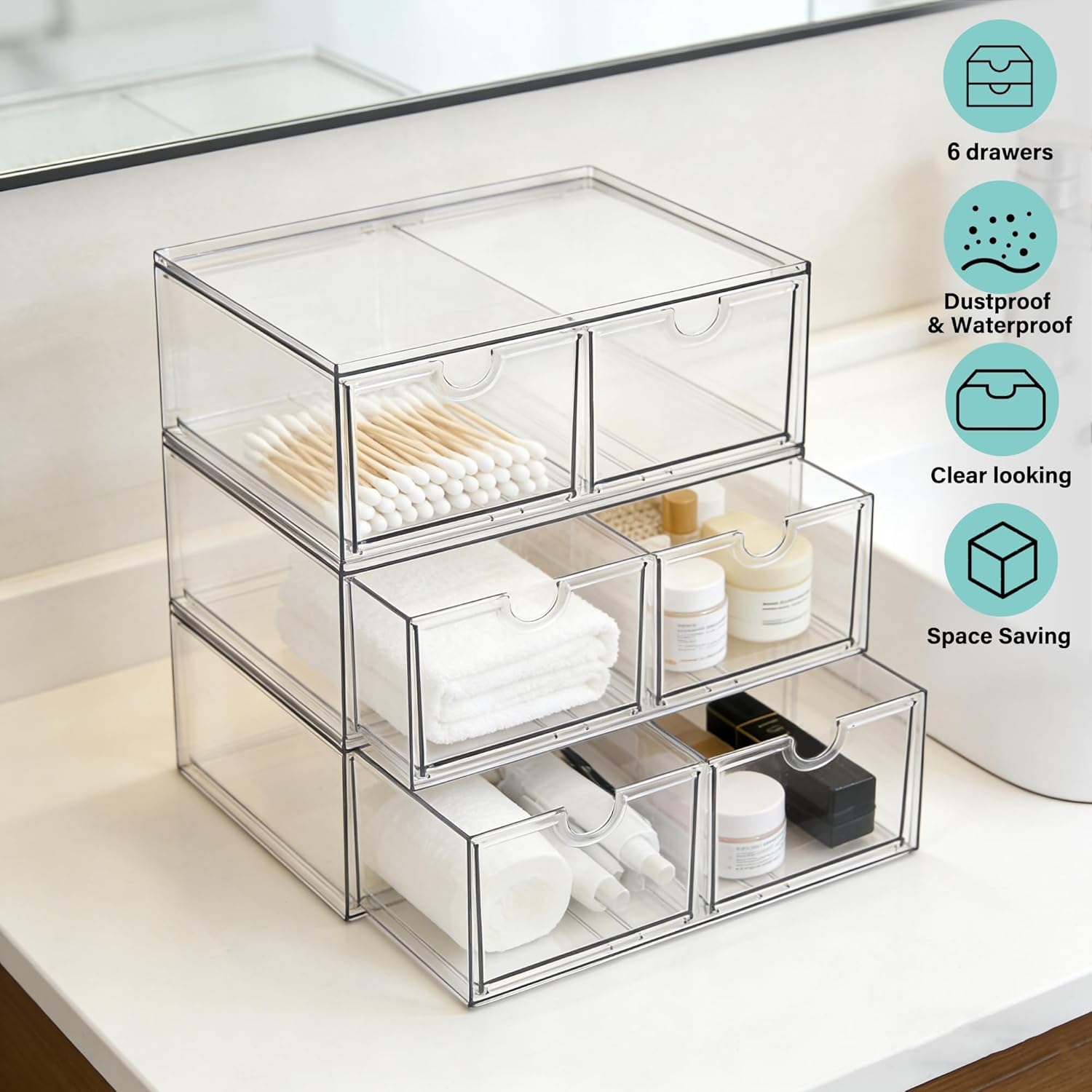 Prsildan Stackable Clear Makeup Organizer, 3 Pack Acrylic Storage Drawers with 6 Drawers for Vanity Bathroom Office Desk Modular Drawer System for Cosmetics Jewelry Toiletries Home Organization
