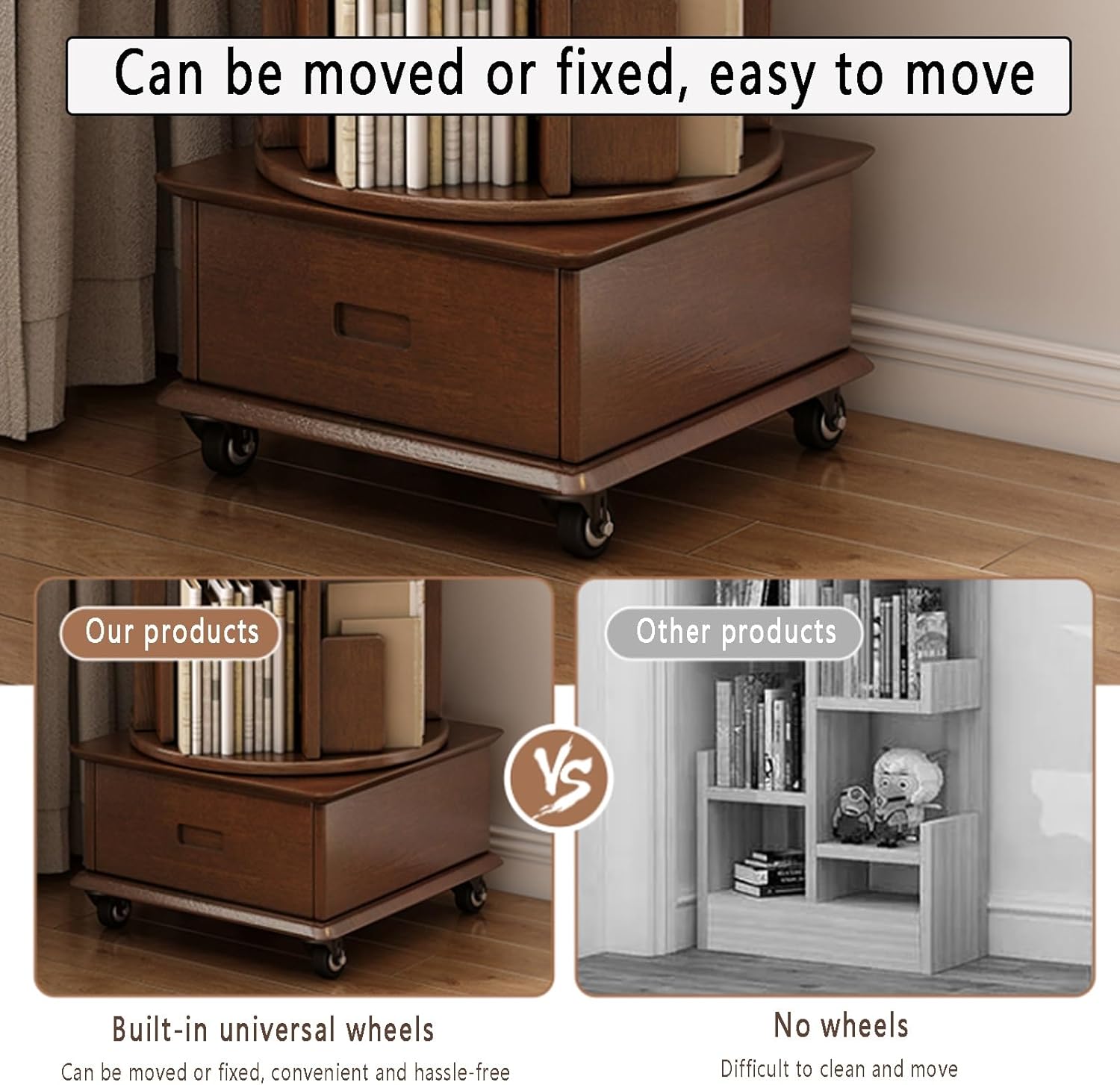 4/5 Tier 360° Rotating Bookshelf Tower Freestanding Spinning Bookshelf with Wheels Solid Wood Storage Display Rack Open Narrow Bookcase for Living Room Study Room(Cherry,48*48*122cm/18.9*18.9*48in)