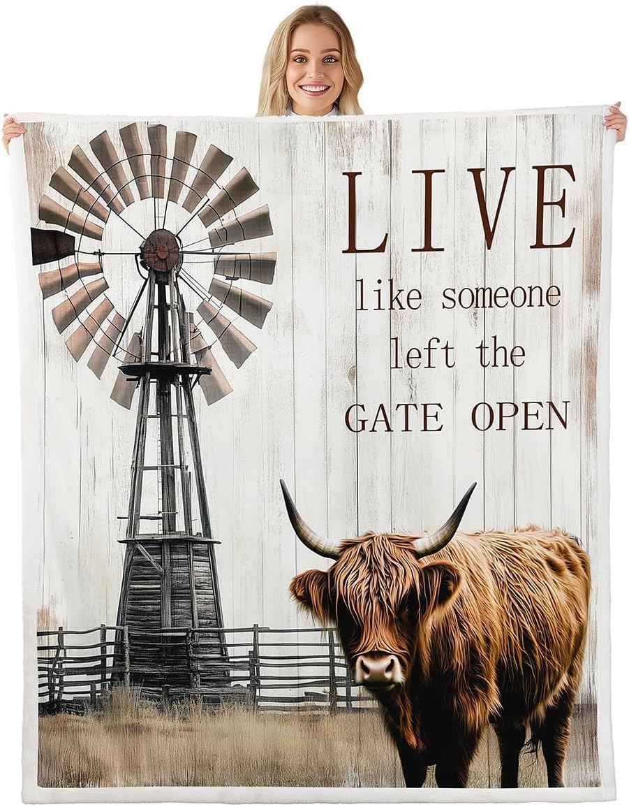 Highland Cow Farm Animals Throw Blanket 40"x50",Garden Windmill Decor Farmhouse Fleece Blanket Rustic Lodge Cabin Blanket Wildlife Animal Farm House Cottage Blanket,Winnower Cowboys Gifts for Men