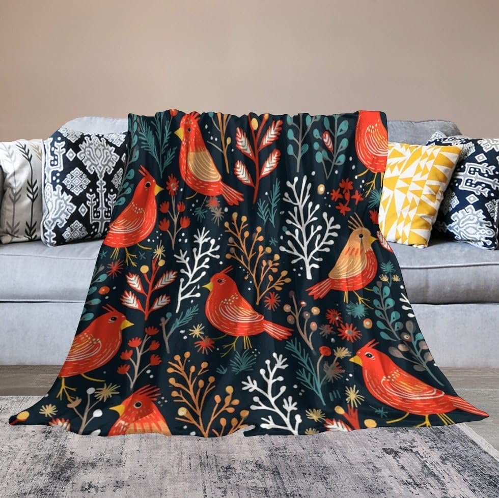 Miniatura 6 de Manta roja de felpa de pájaros de Navidad, manta de vellón de feliz año nuevo, suave y acogedora manta de microfibra para sofá, cama para adultos y
