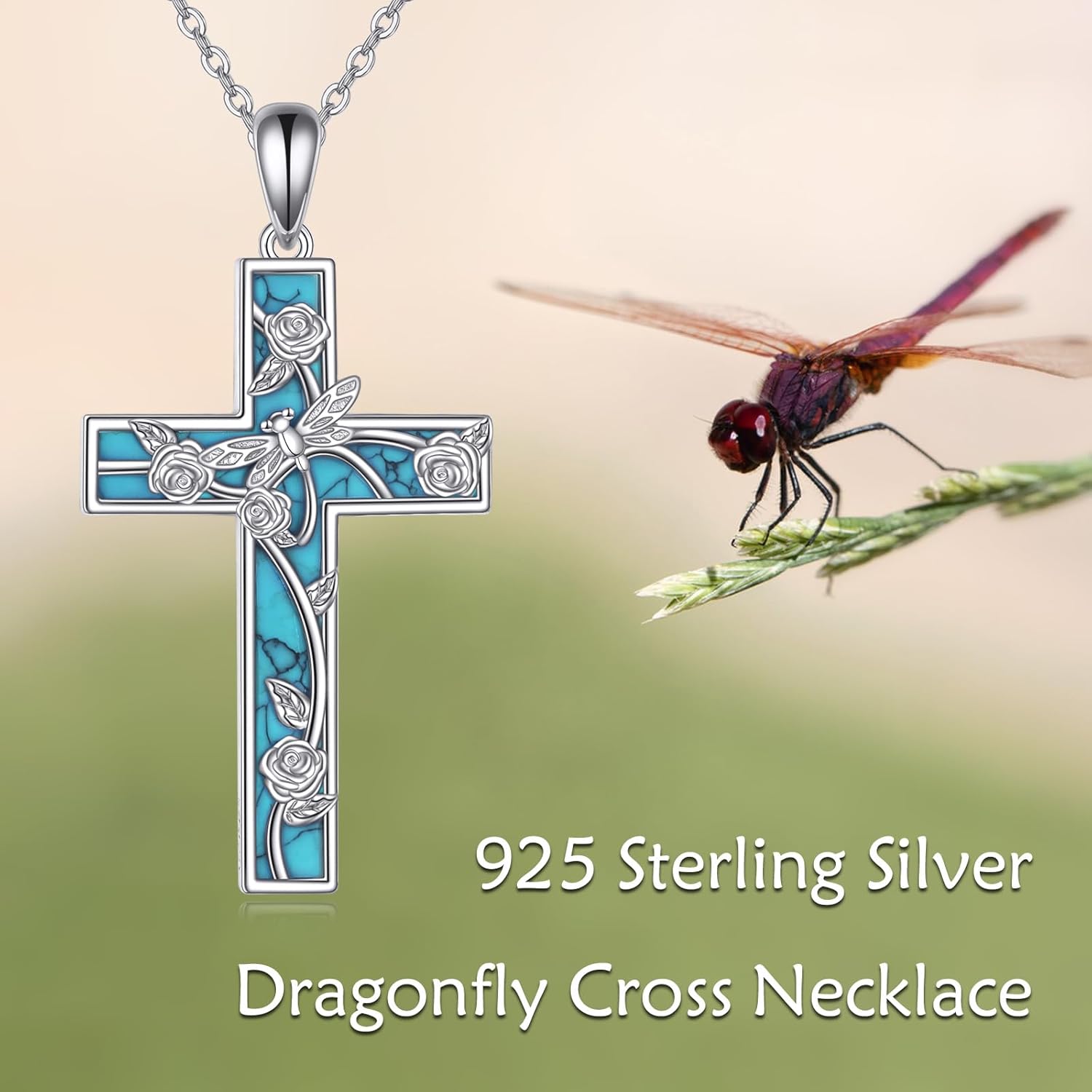 URONE Hummingbird/Dragonfly/Butterfly Necklace 925 Sterling Silver Turquoise Cross Pendant Necklace Hummingbird/Dragonfly/Butterfly Jewelry Gifts For Women - Image 6