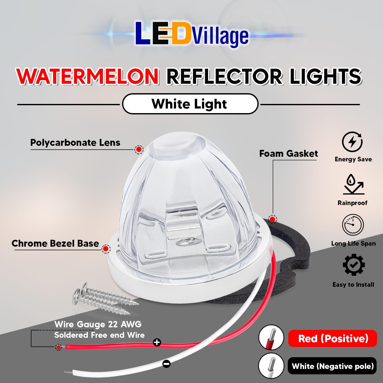 5 Pcs White Watermelon LED Light with Stainless Steel Bracket, 12V Marker Clearance Lights for Semi Truck, Freightliner, Kenworth, Peterbilt, Heavy-Duty Trailers
