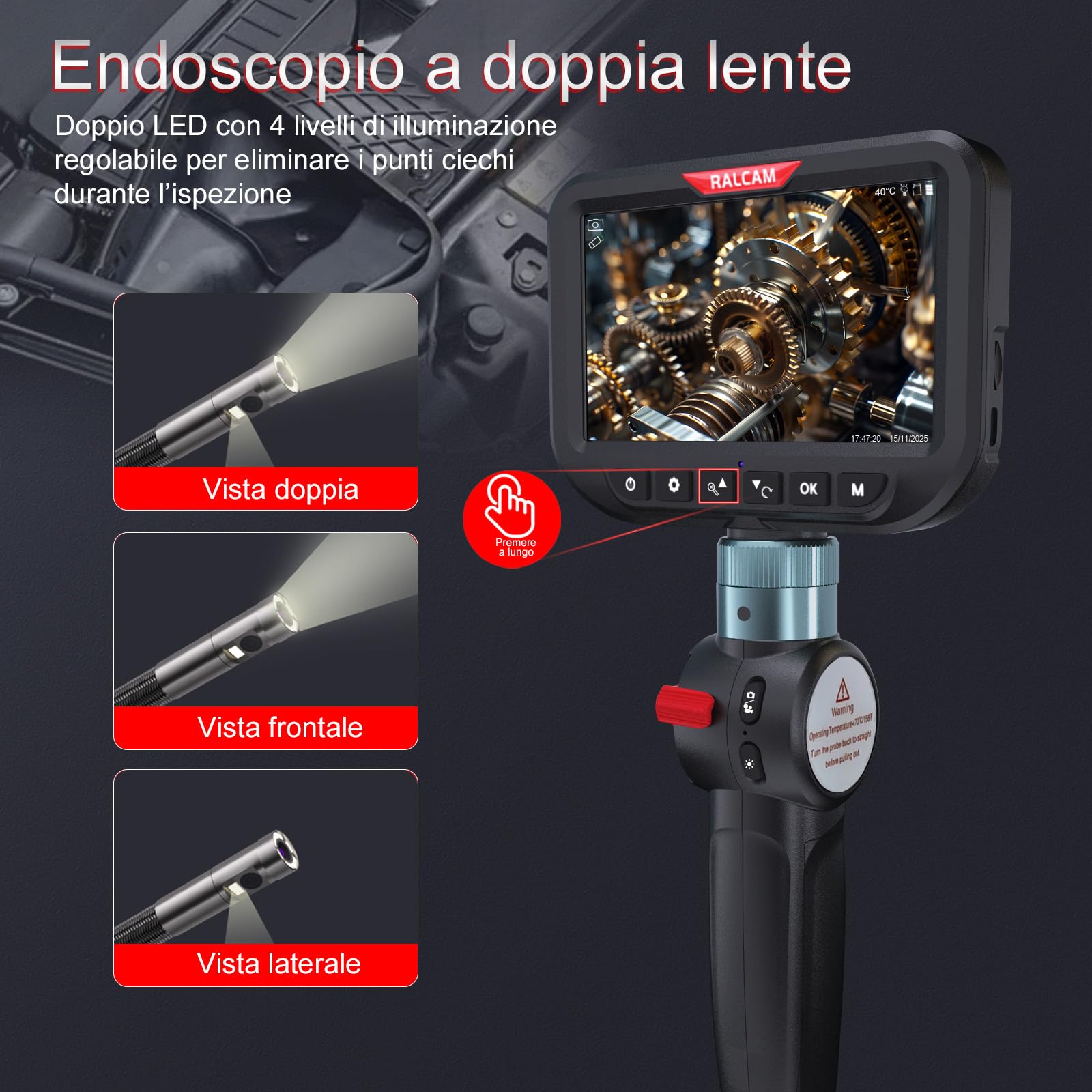 Ralcam Telecamera Endoscopica con Luce, Borescopio Doppio 6,5 mm con Testa Mobile 180°, Schermo HD IPS da 5", Telecamera di Ispezione Impermeabile IP67 con Cavo Semirigido da 1,5 m