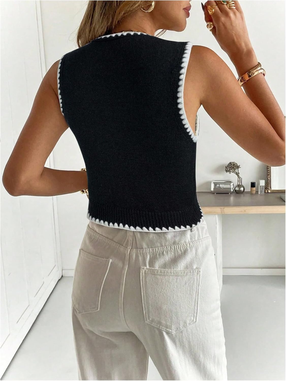 SHENHE Women's Old Money Crochet Sweater Vest Contrast Binding Button Down Knit Cardigan Black Large - Image 3