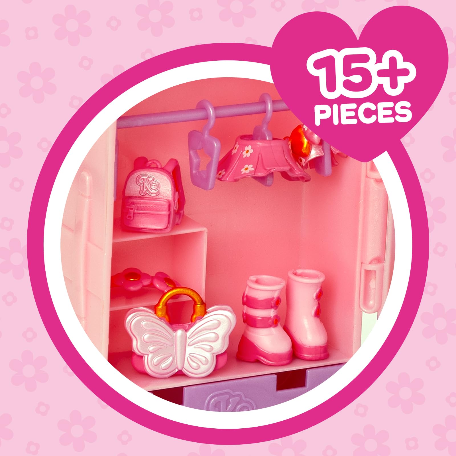 KOOKYLOOS SUITCASE DREAMY BLOSSOM – zestaw modna laleczka z walizką i akcesoriami,zawartość:1 laleczka, 2 stroje, zwierzątko, akcesoria, wieszaki oraz walizka, w której zmieścisz cały zestaw.