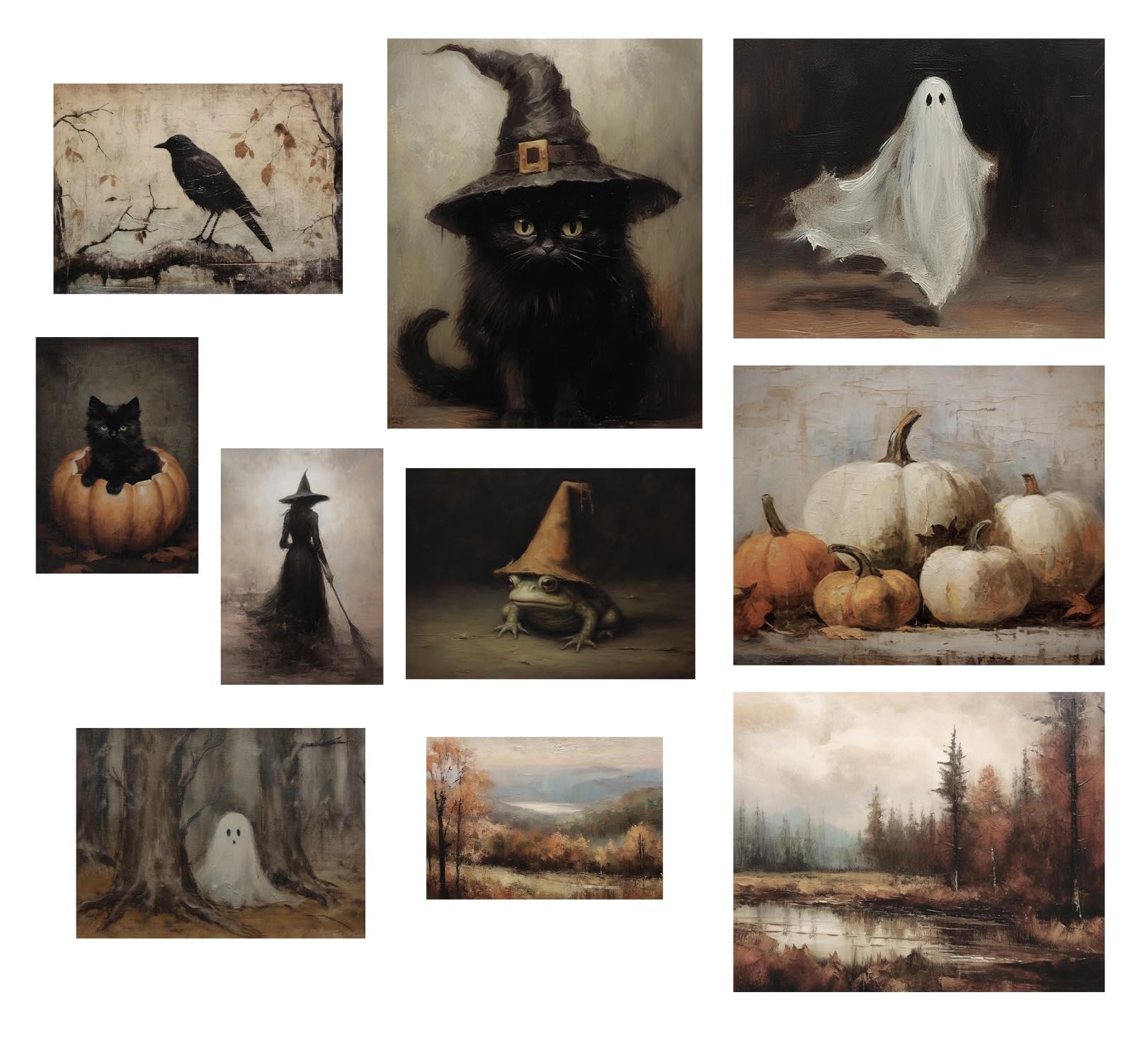 BAYKUL Halloween Wall Art Set of 10 - Vintage Goth Room Decor, Creepy Ghost and Witch Prints, Black Cat Horror Art (8x10 inch) - No Frame