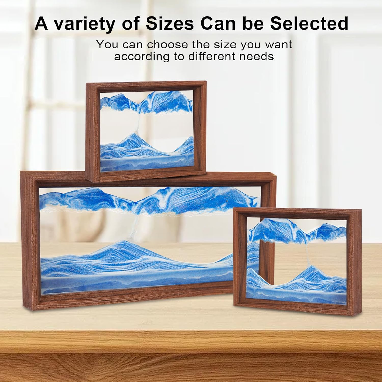 AzureLeap Moving Sand Art Liquid Motion 3D Deep Sea Sand Scene Colorful Flowing Sand Solid Wood Frame Square Glass Moving Sand Art Picture Casual Desktop Home Office Workplace Decor [Blue 8in]