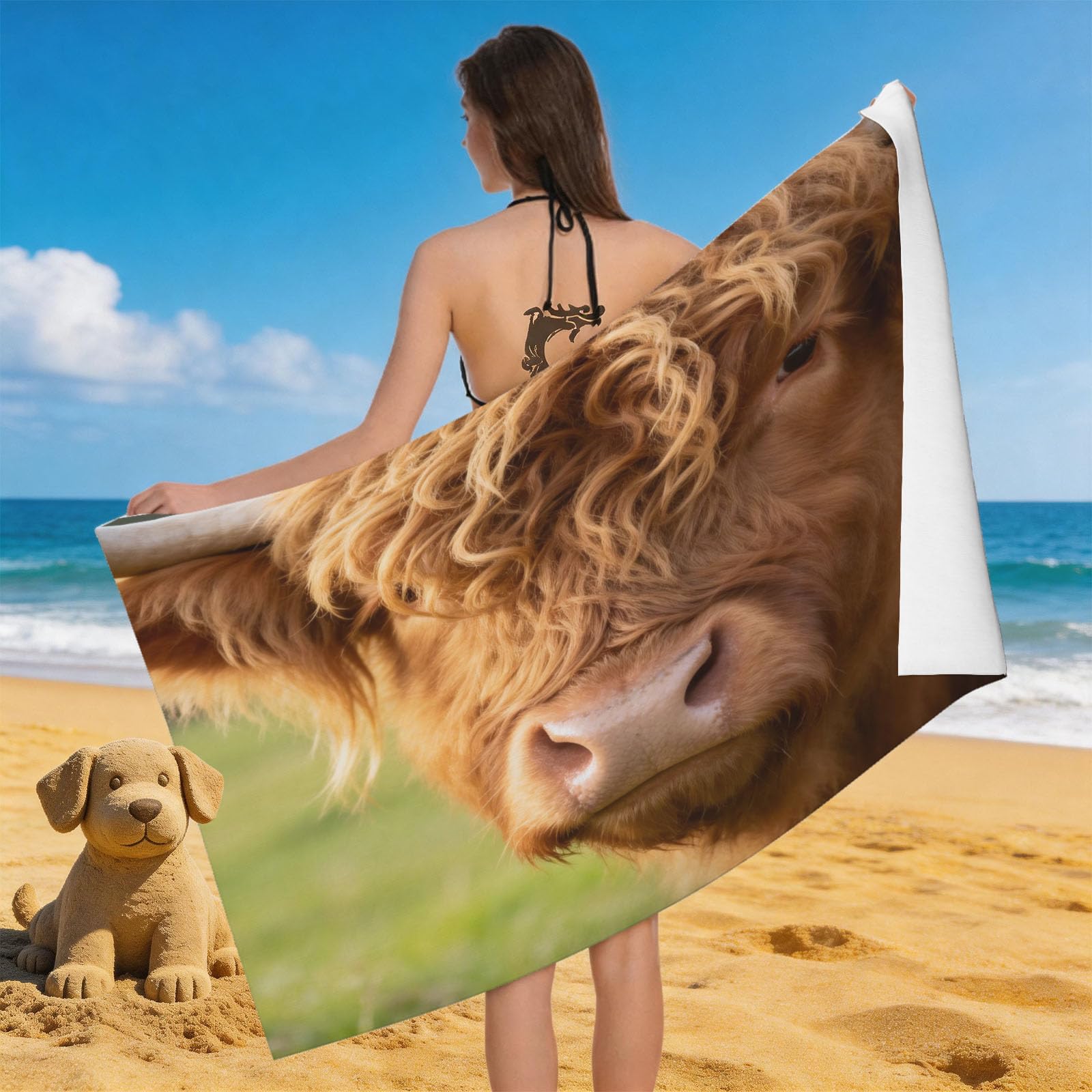 Leichong 3D Highland Cow Beach Towel Large Microfiber Soft Quick Dry for Adults, Farm Animal Bath Towel Lightweight Soft Absorbent for Travel Swimming Pool Sports, 80 x 160 cm
