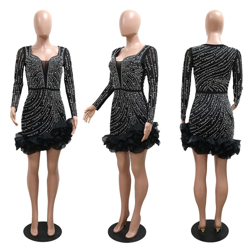 Mini Vestido Ajustado De Manga Larga De Malla De Corte Bajo para Mujer Traje Plisado De Moda con Diamantes De Imitación Y Dobladillo con Volantes para Fiesta Y Club Nocturno