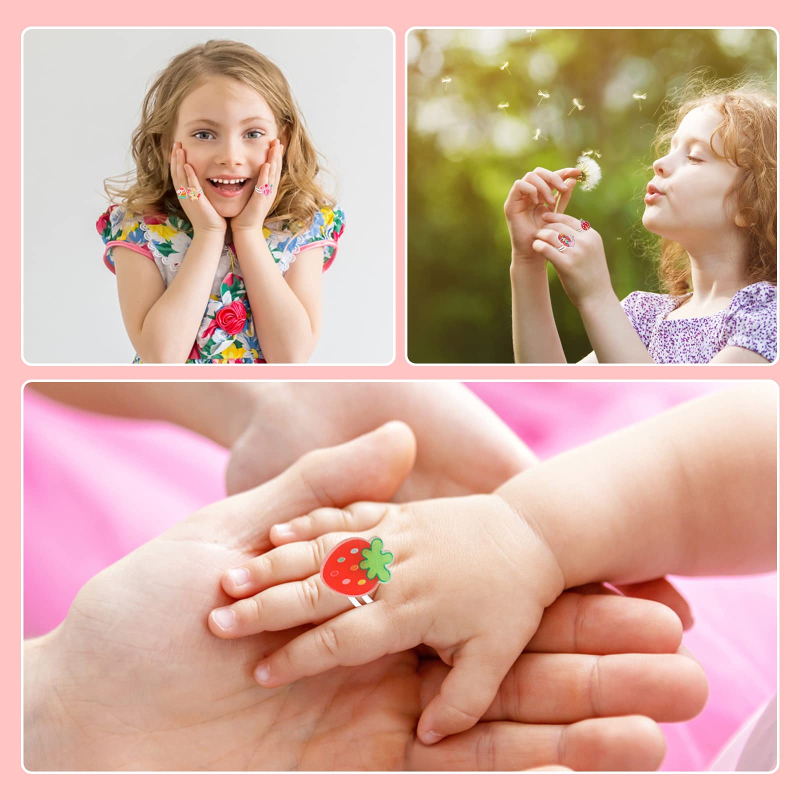 HIFOT 16 Pièces Bagues Réglables pour Enfants avec Boîte Coeur Rose, Kit Bijoux Princesse