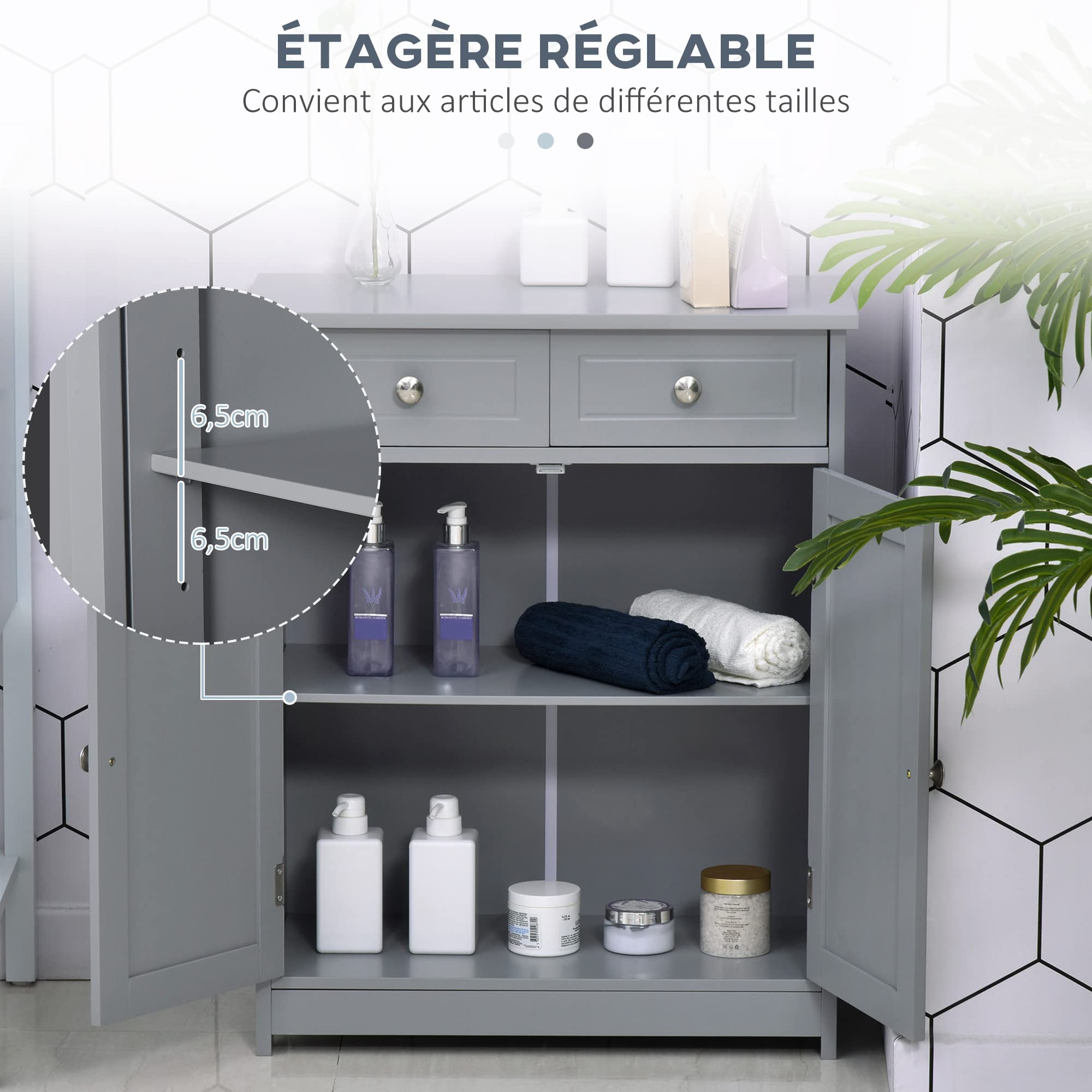kleankin Meuble de Salle de Bain avec 2 Tiroirs 60 x 30 x 75 cm Gris | Meuble de Rangement avec Placard Double Porte, Étagère Réglable, Armoire Salle de Bain, Salon, Chambre