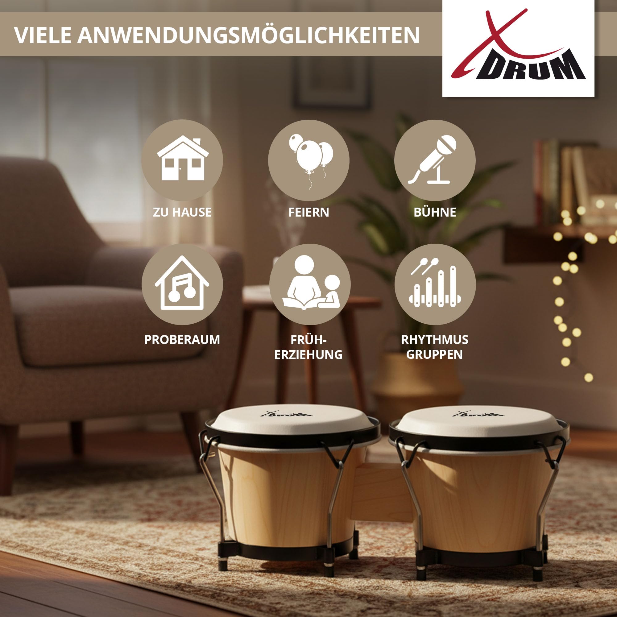 XDrum PERC Bongos Club Rosso Vino - 2 Tamburi da 6" e 7" - Bongos con pelli naturali accordabili e chiave di accordatura - Tamburi in legno naturali