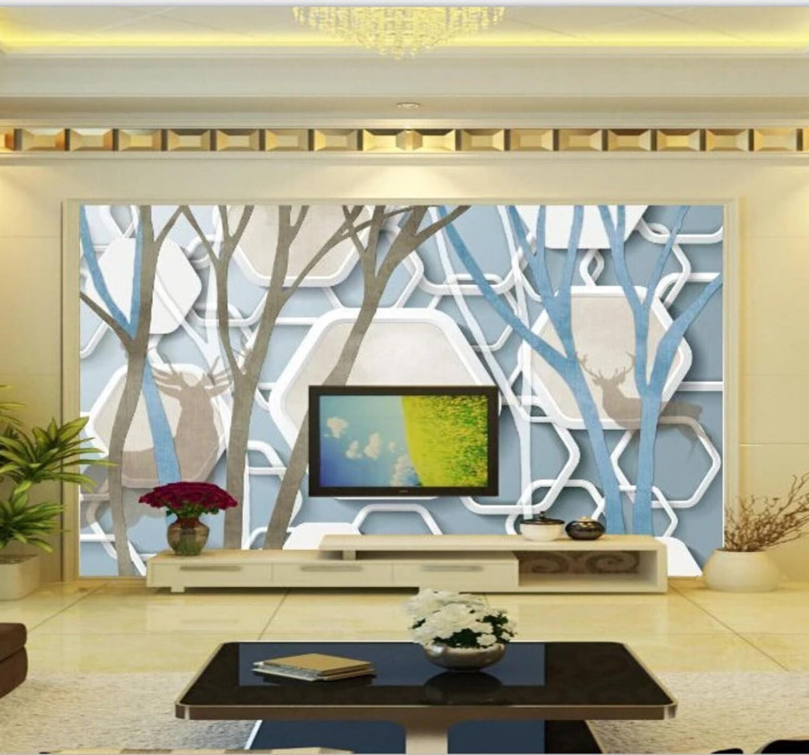Abstract Animals Reindeer Geometric Trees 3D Wallpaper Easy Install Feature Office Living Room Sofa Bedroom TV Background Wall Decoration-200cm×140cm
