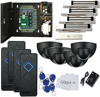 MENGQI-CONTROL Request to Exit PIR Motion Sensor 4 Doors Network RFID Access Control 600 LBS Magnetic Lock 110-240V Power Supply Box RFID Reader Keyfobs/Cards APP remotely Open Door