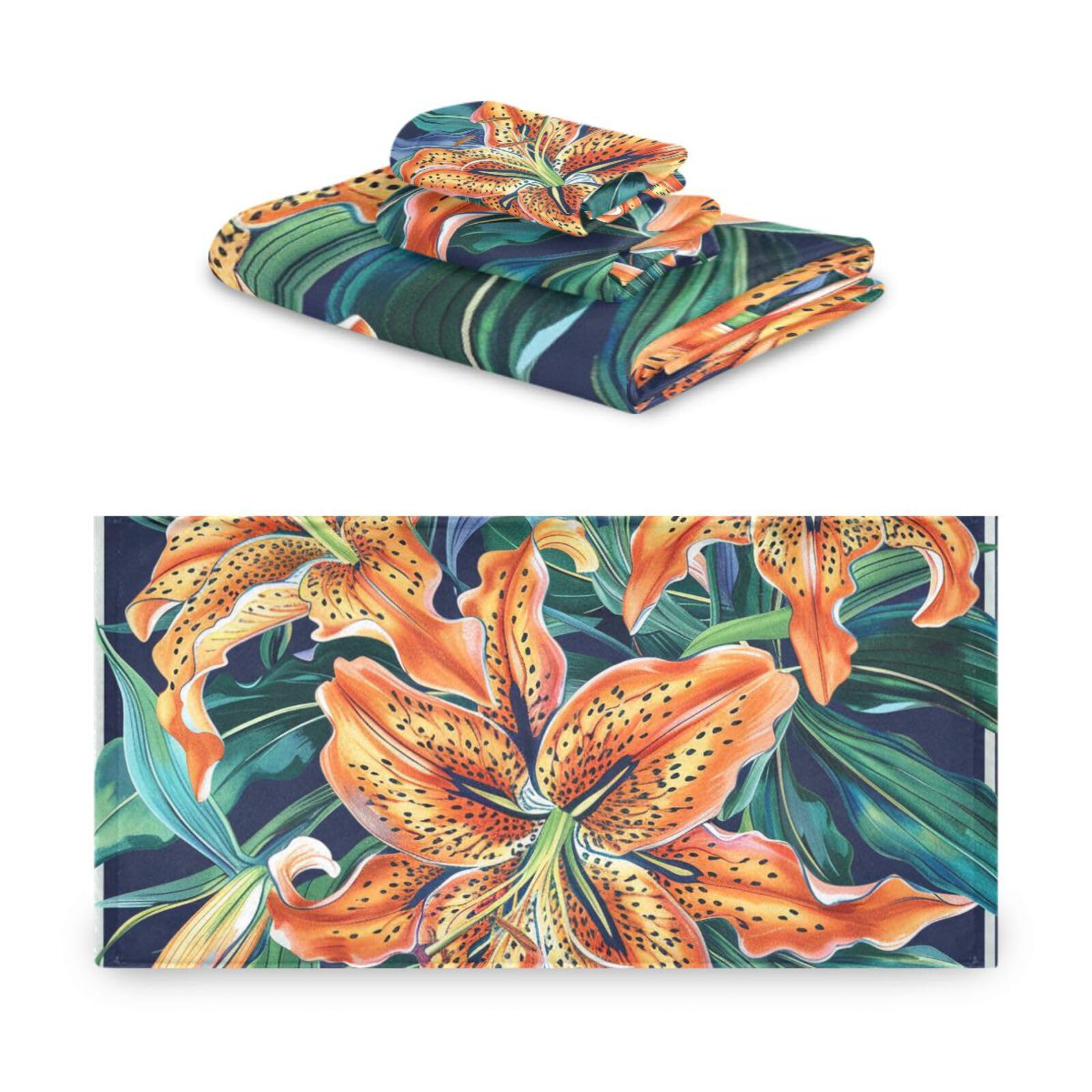Set di 3 asciugamani da testa a punta con fiori arancioni in stile bohémien, 1 asciugamano da bagno, 1 asciugamano per mani, 1 panno per spiaggia, capelli, viso, palestra, nuoto, cucina