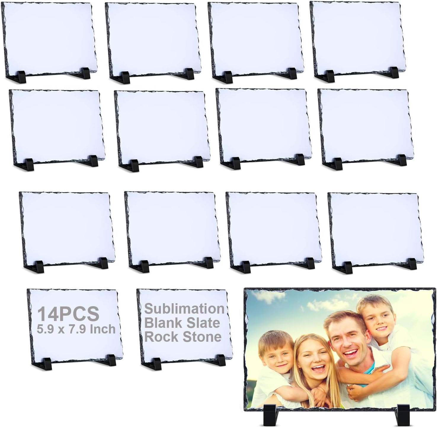 14 Pcs Sublimation Blank Slate Rock, 7.9X5.9 inches Sublimation Slate Blank Rock Stone Photo, Rectangular Custom Stone Slate Picture Frame, with Display Stand