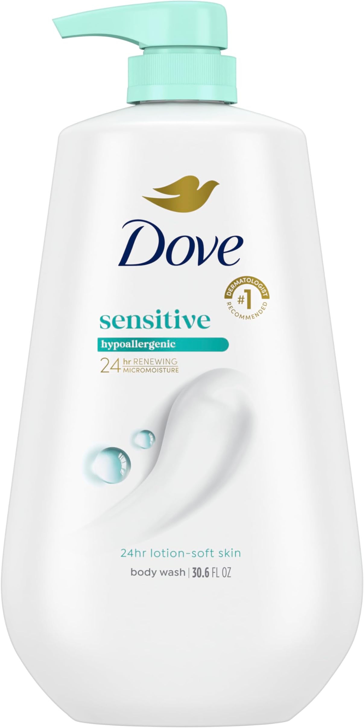 Dove Body Wash with Pump Sensitive Skin For 24hr Lotion-Soft Skin Moisturizing Skin Cleanser Gentle Hypoallergenic Formula with No Sulfates No Parabens 30.6 oz