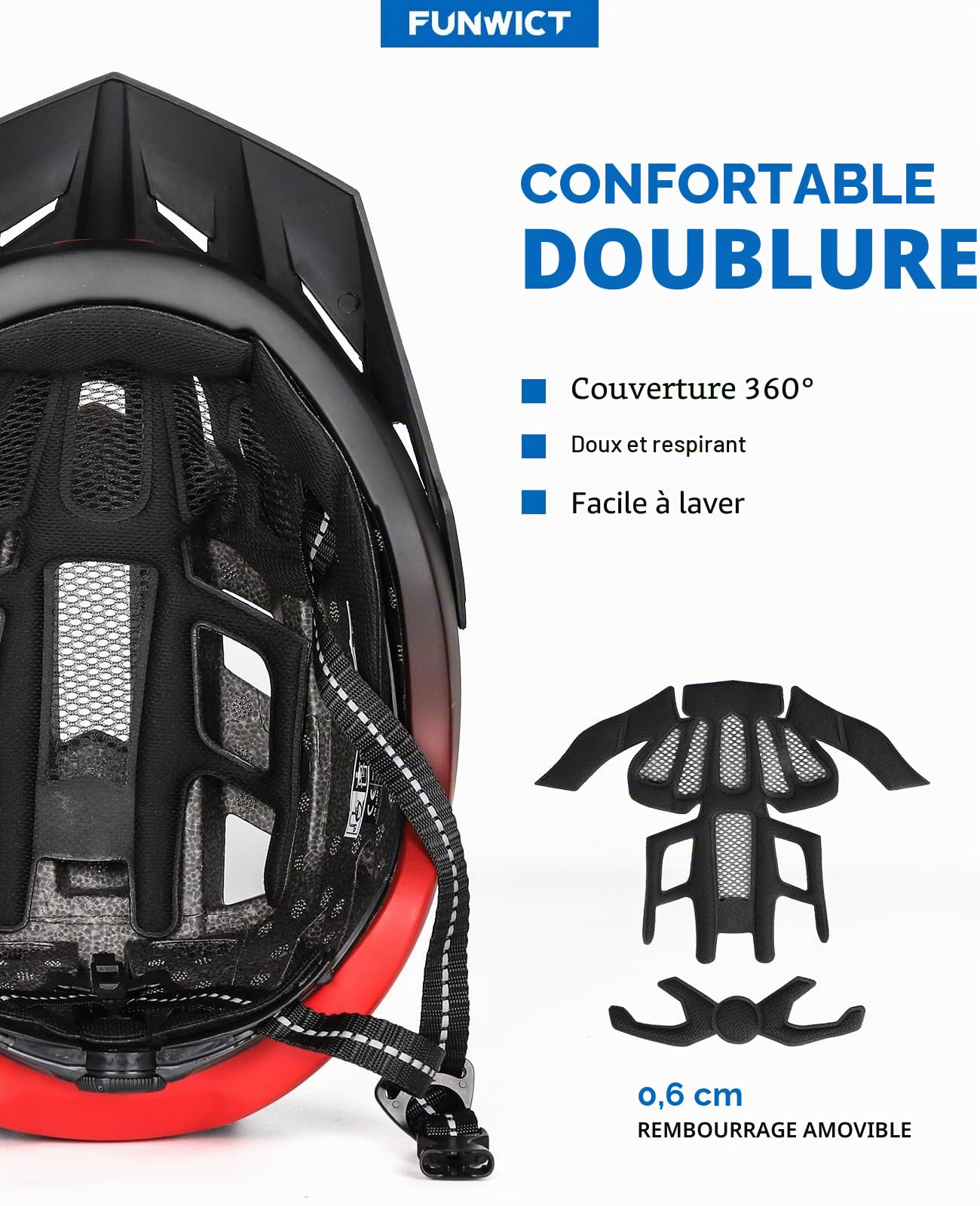 Casque Velo Homme Femme avec Visiere et Lunettes, Casque Vélo Casques VTT avec Feu Arrière à LED Rechargeable, Casque Cyclisme pour Adulte et Adolescent (L: 57-61 cm, Noir et Rouge)