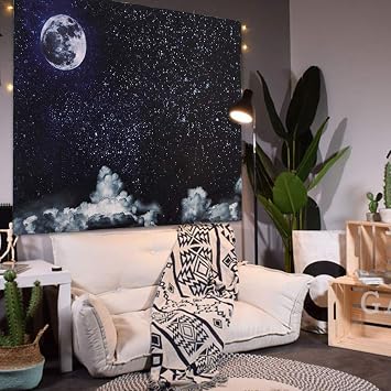 SENYYI Moon Stars Wall Tapestry Wall Hanging Outer Space and Galaxy Tapestry Night Sky with White Cloud Home Decor for Room (70.9 x 92.5 inches)