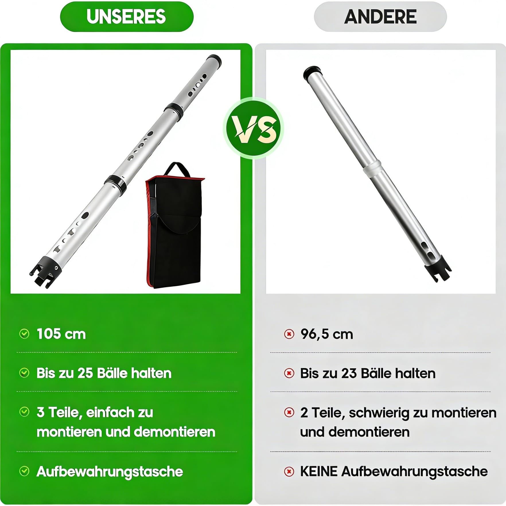 Golfball Sammler Teleskop Aluminium, 3-teiliger Golfball Retriever mit Aufbewahrungstasche, zerlegbar bis 26,36 Zoll, Kapazität bis 25 Bälle, leichter & stabiler Ballpicker für Golfplatz Training