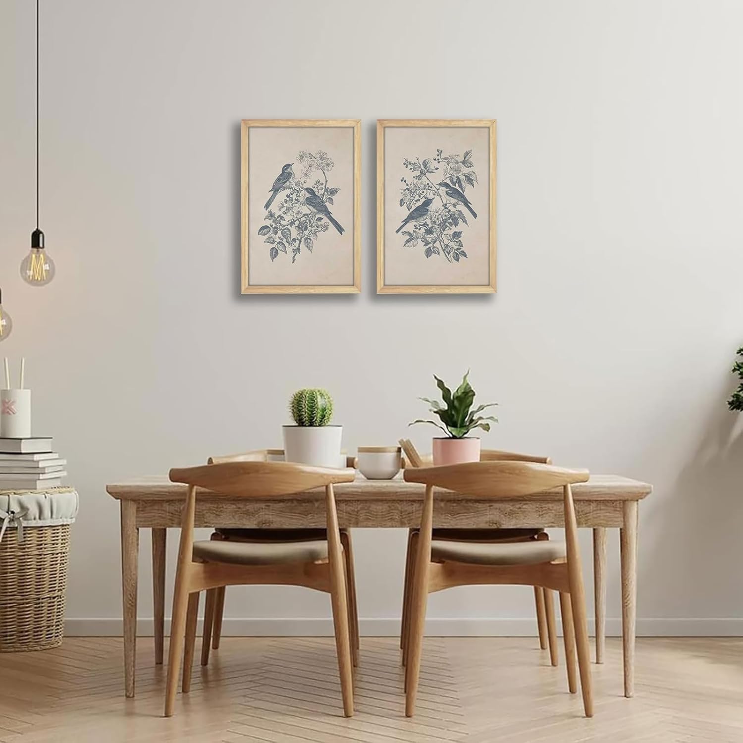 Set of 2 Bird Canvas Wall Art Posters 12x16 Inch – Nature Inspired Botanical Prints with Light Wood Frame – Birds and Flowers Conversation Artwork for Living Room, Bedroom, Farmhouse Wall Decor