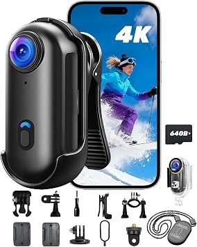 Action Camera 4K, Mini Body Camera with Audio and Video Recording 64GB Card