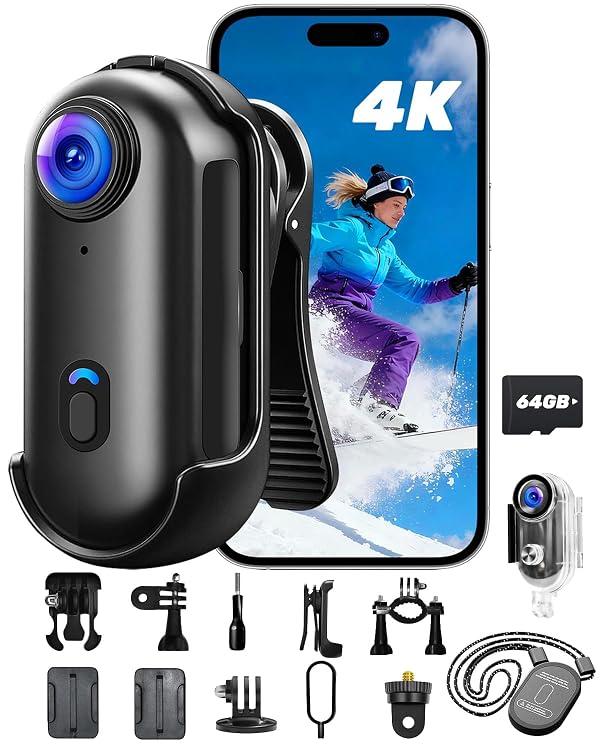 JIALAIWOWO 4K Mini Body Camera with 64GB Card, Action Camera Wi-Fi Magnetic Hands-Free POV Camera Body Cam for Motorcycle Helmet Vlogging with Waterproof Case & 360° Rotatable Clip by JIALAIWOWO - Used condition - US$64.93