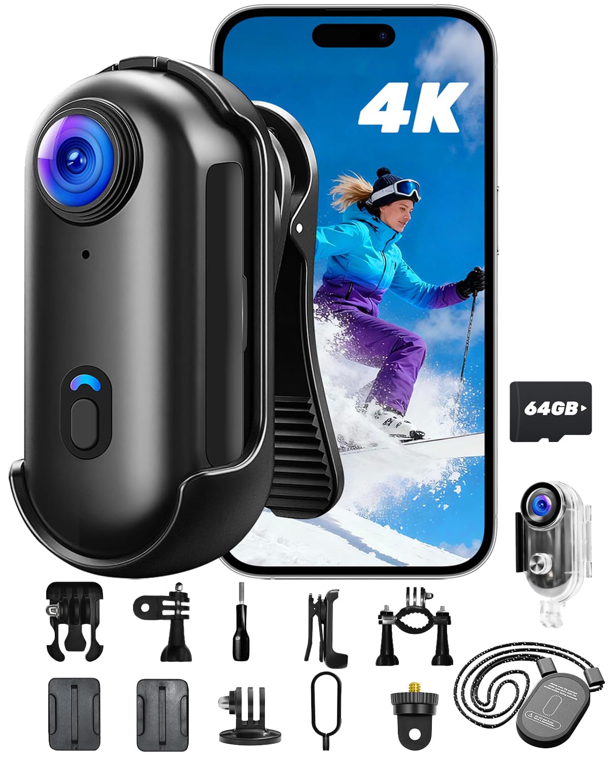 4K Action Camera with 64GB Card, Mini Body Camera with Audio Recording, Wi-Fi Magnetic Hands-Free POV Cam for Motorcycle Helmet Vlogging with Waterproof Case & 360° Rotatable Clip