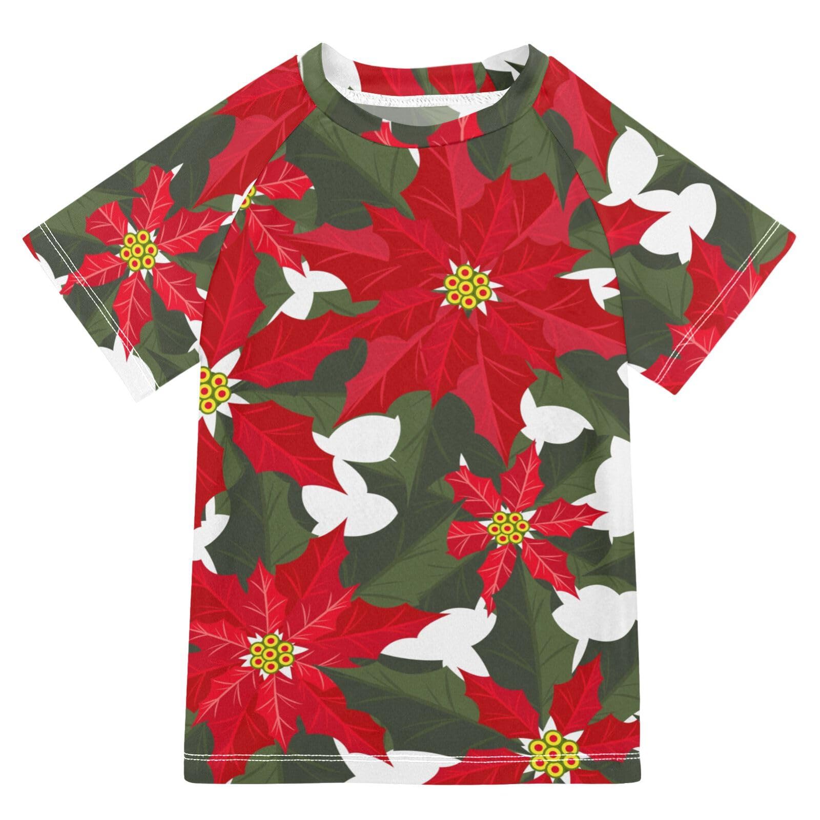 Aflyko Christmas Boys' Swim Shirt Holly Red Flower Leaves Rash Guard Beachwear Sun Protection Fishing Hiking Camping Surfing Swimming Toddler Infant Summer Daily T-Shirt, 4T