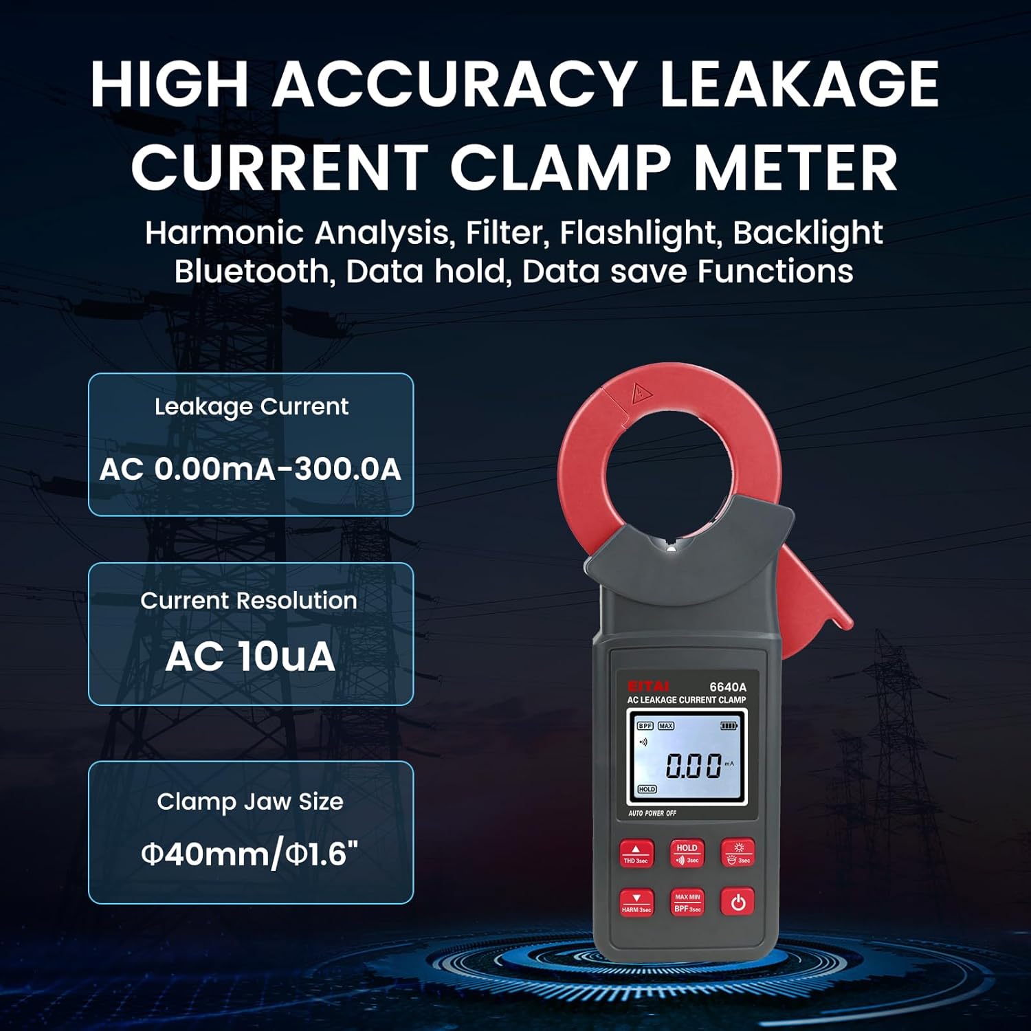 EITAI6640A Bluetooth Leakage Low Current Clamp Meter, 10uA Resolution, 0.00mA-300A, Φ1.6inch/40mm, Manufacturer Direct Sales, True RMS, Harmonic Analysis, Filter, Flashlight, Backlight