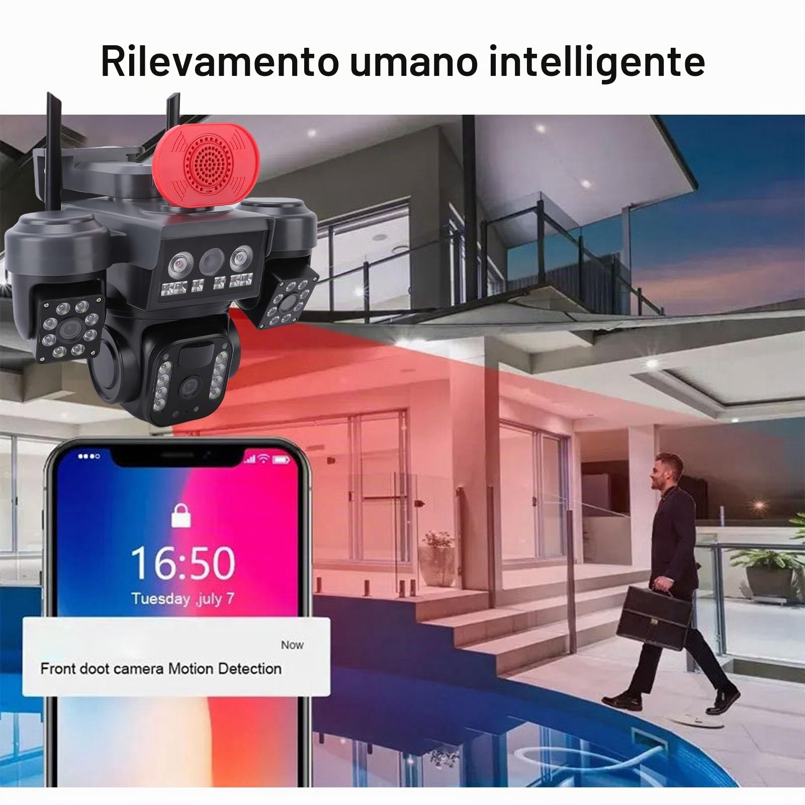 VBESTLIFE Telecamera di Sicurezza Solare a Tripla Lente, Telecamera Esterna WiFi 360° da 2,4 GHz con Rilevamento del Movimento AI e 8000 MAh, Resistente Alle Intemperie IP66 per la
