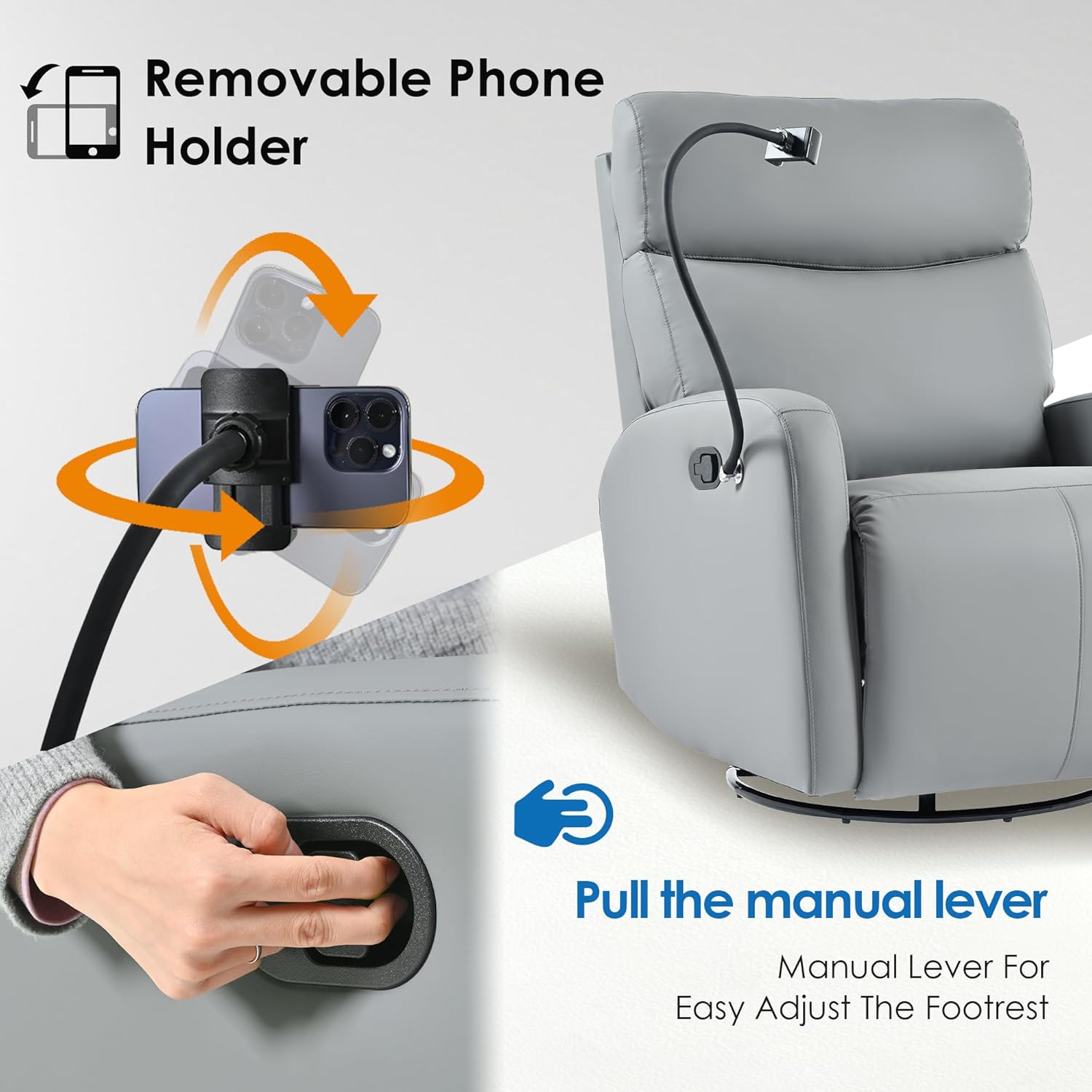 Swivel Rocker Recliner,Nursery Glider Recliner,Upholstered Swivel Rocking Recliner Chair with Phone Holder, PU Rocking Reclining Sofa for Living Room