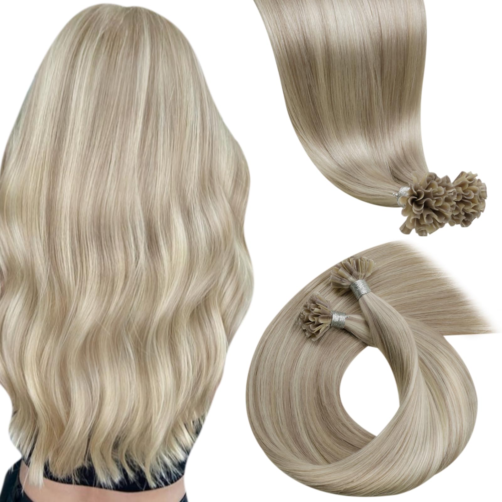 LaaVoo U Tip Hair Extensions Real Human Hair Ash Blonde Highlight Platinum Blonde Micro Beads Ring Loop Remy Straight Human Extensions 50 Strands 50g 18 Inch #18/613