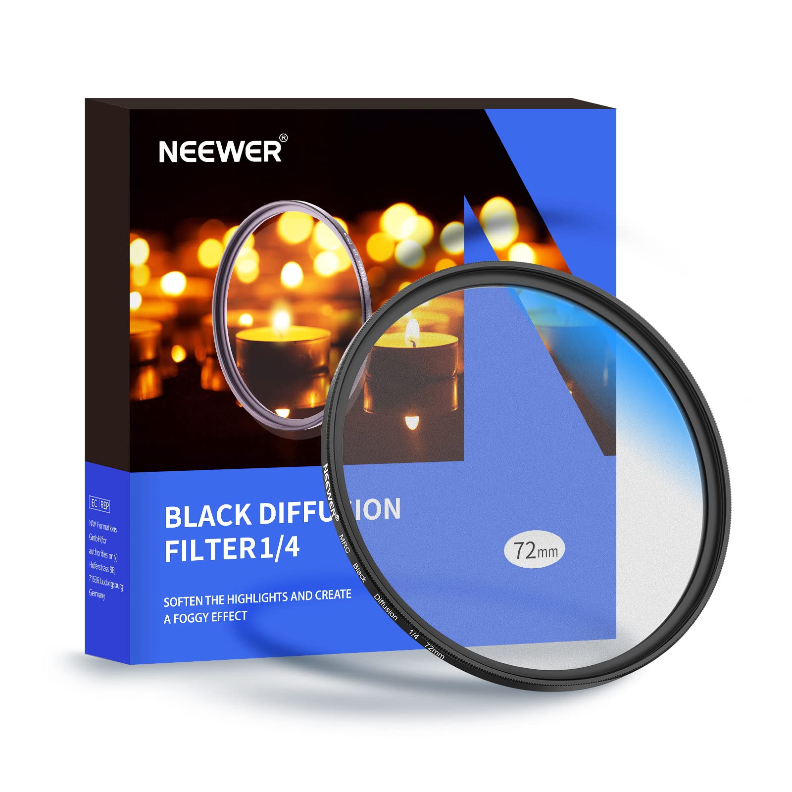 NEEWER72mm Black Diffusion 1/4 Filter Mist Dreamy Cinematic Effect Filter Ultra Slim Water Repellent Scratch Resistant HD Optical Glass, 30 Layers Nano Coatings for Video/Vlog/Portrait Photography