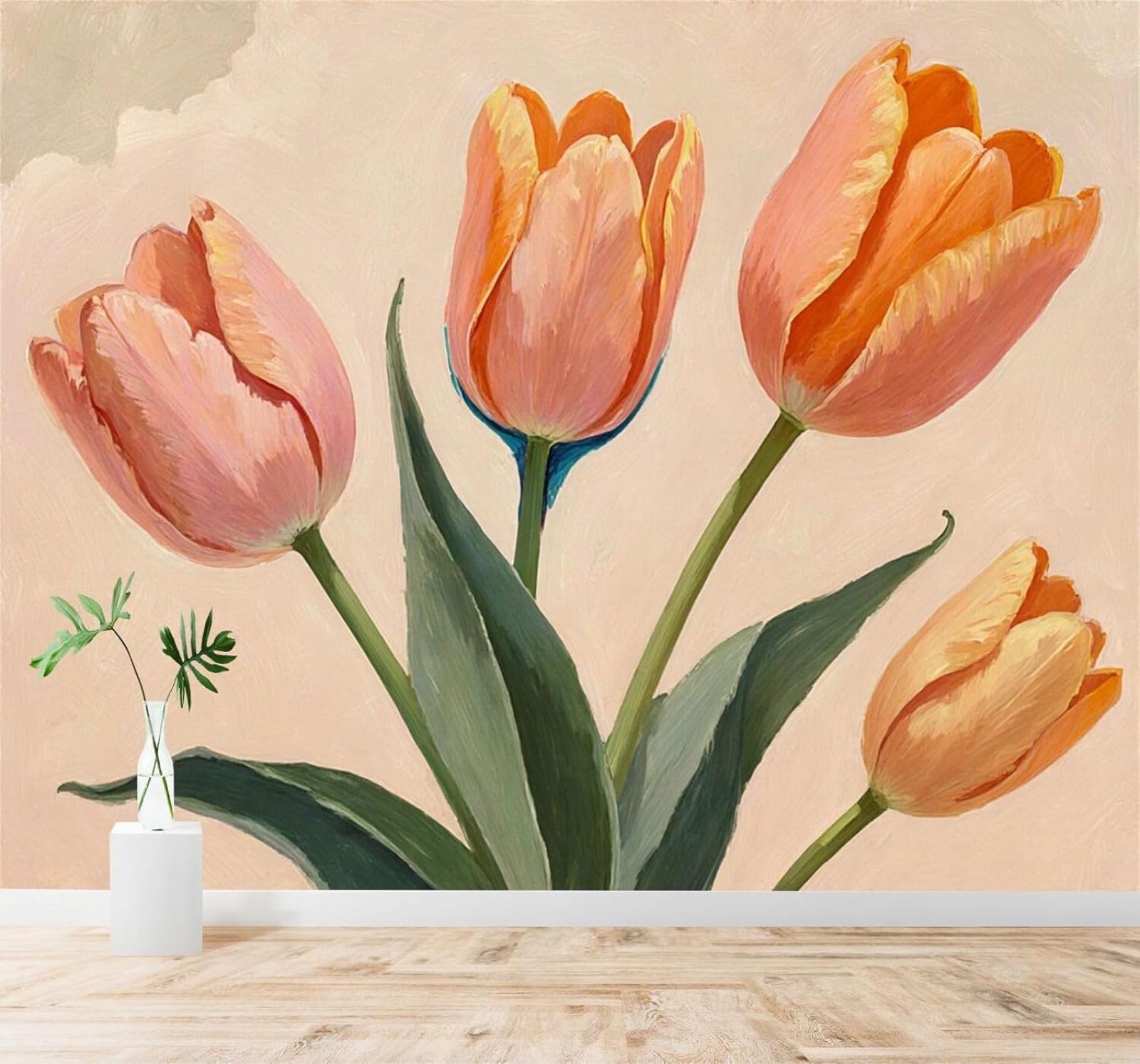 XLMING Beautiful Pink Tulips Green Leaves Plants Art 3D Wallpaper Premium Textured Silk Study Dining Living Room Bedroom Sofa TV Wall Easy Install-400cm×280cm