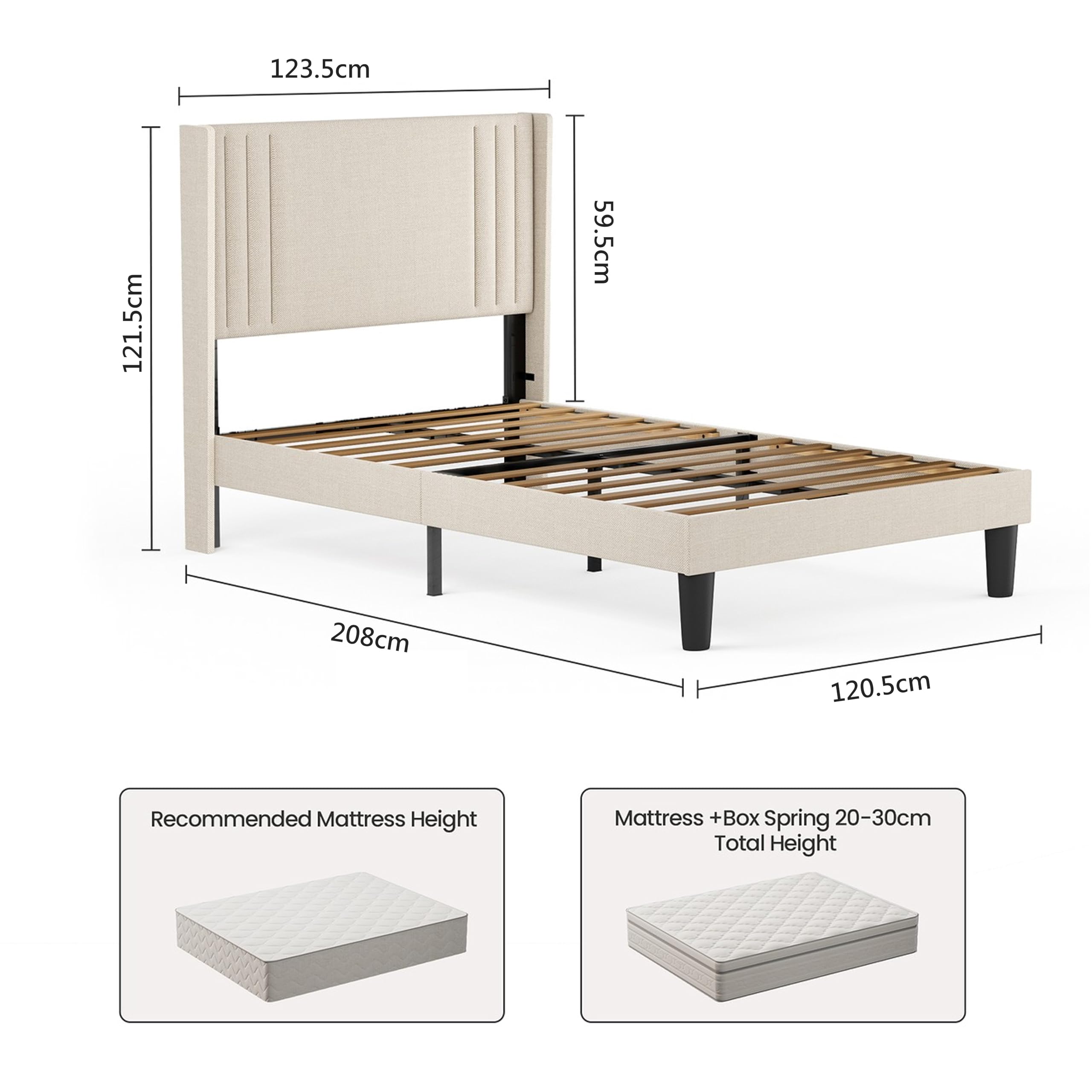 Diagram showing the dimensions of the Bealife Upholstered Bed Frame: 208cm length, 123.5cm headboard width, 121.5cm headboard height, 120.5cm bed width, 59.5cm headboard panel height. Also shows recommended mattress height and total mattress + box spring height of 20-30cm.
