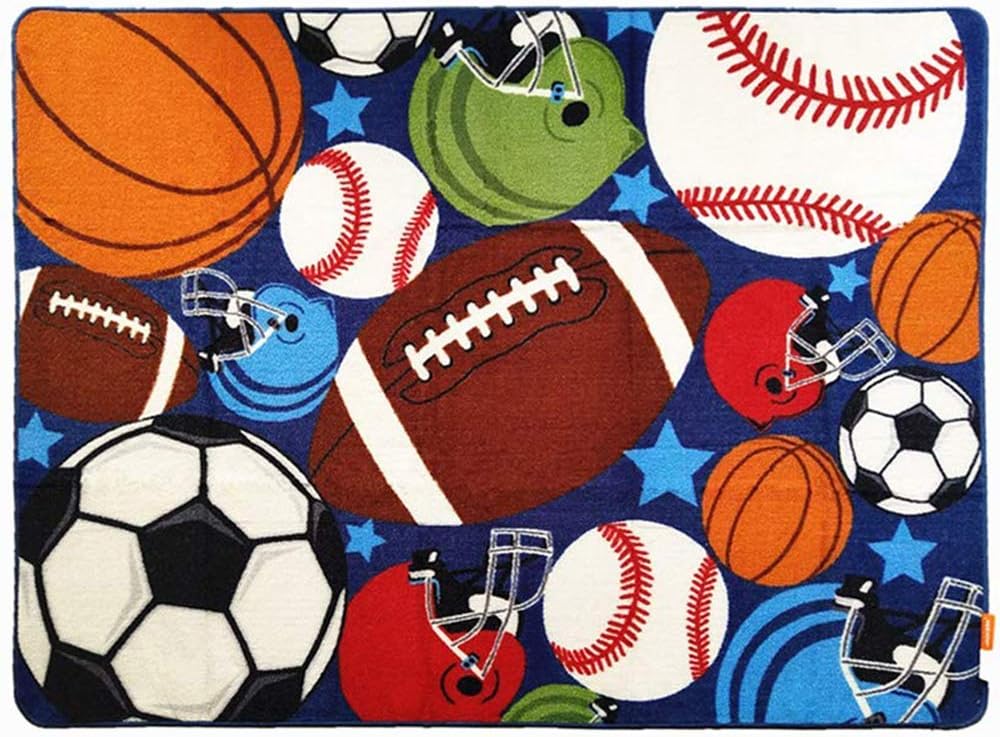 HUAHOO Blue Kids Rug Fun Sport Rugs Nylon Carpet Boys Girls Childrens Rug Balls Print with Soccer Ball, Basketball, Football, Tennis Ball Bedroom Playroom 51'' x 75''
