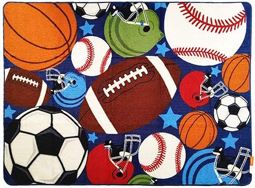HUAHOO Alfombra deportiva azul para niños, alfombra deportiva de nailon para niños y niñas, alfombra estampada con pelota de fútbol, baloncesto,