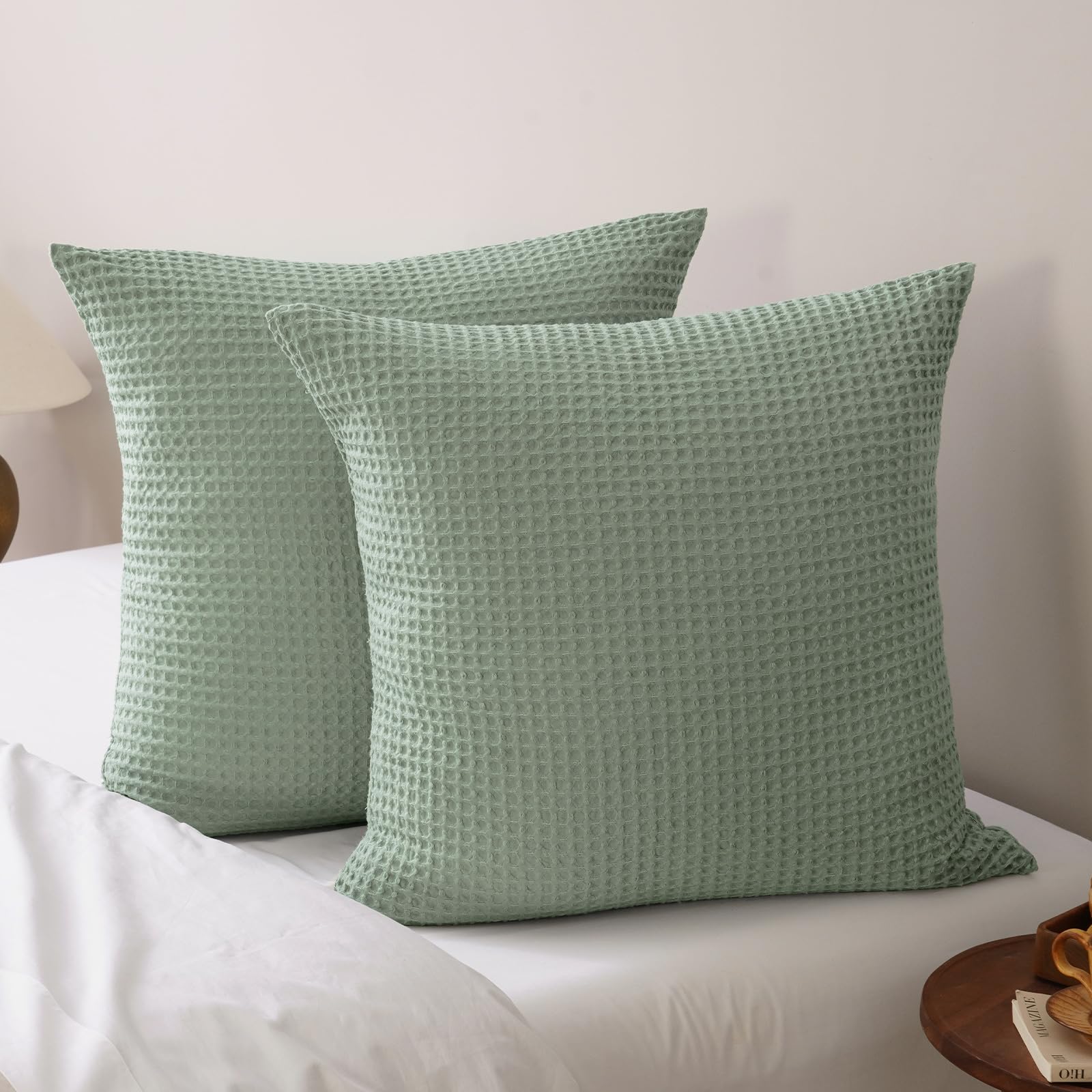 phf ultra soft waffle weave euro shams pillow covers, no filling, 2 pack 26" x 26" bed cushion covers, breathable & skin-friendly bed pillow shams for stylish home decor, sage green