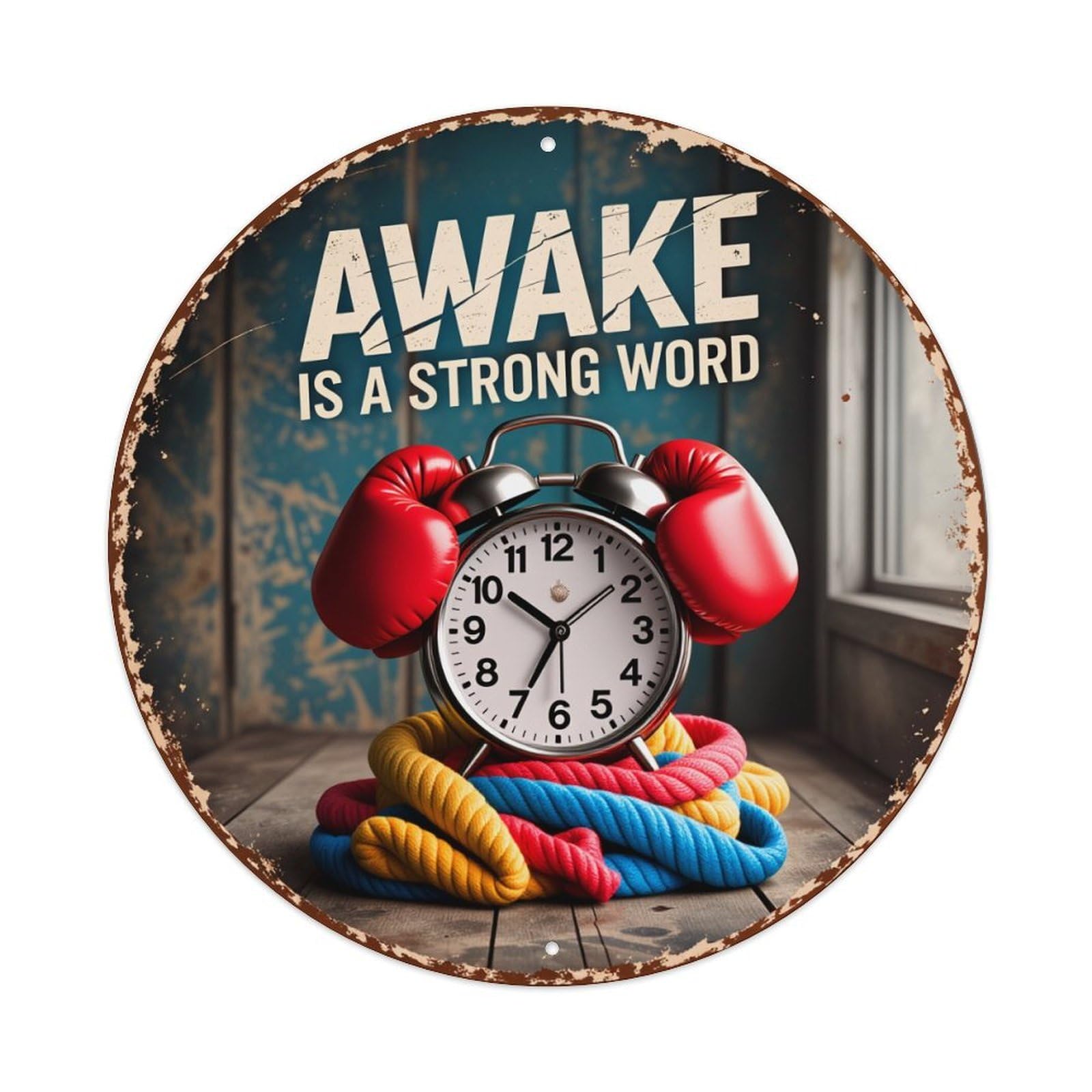 Awake Is A Strong Word Round Tin Sign Vintage Style Metal Sign Home Bar Garden Wall Plaque Decor Metal Poster 8x8 Inch
