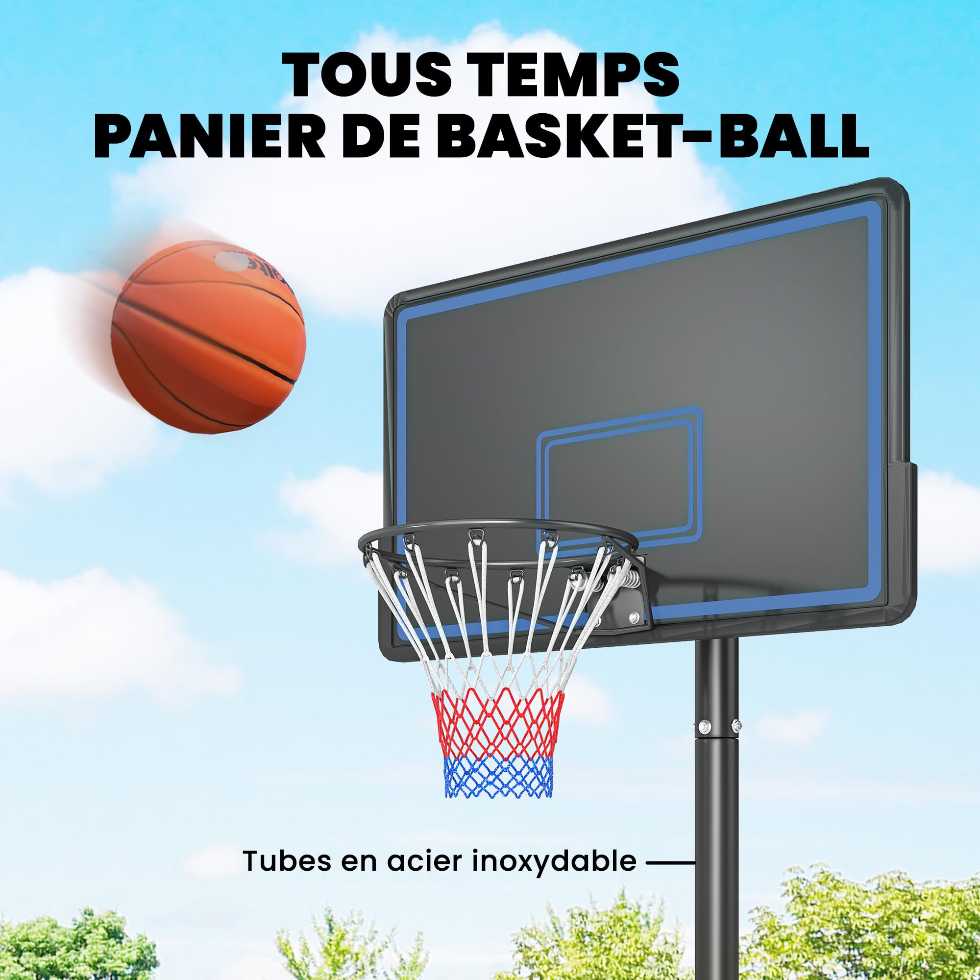 SPORTNOW Panier de Basketball sur Pieds avec Hauteur Réglable de 1,35 à 3,05 m, Panier de Basket Extérieur Portable avec Roues, Panneau Arrière en PE, Base de Lestage et Sac de Sable, Bleu
