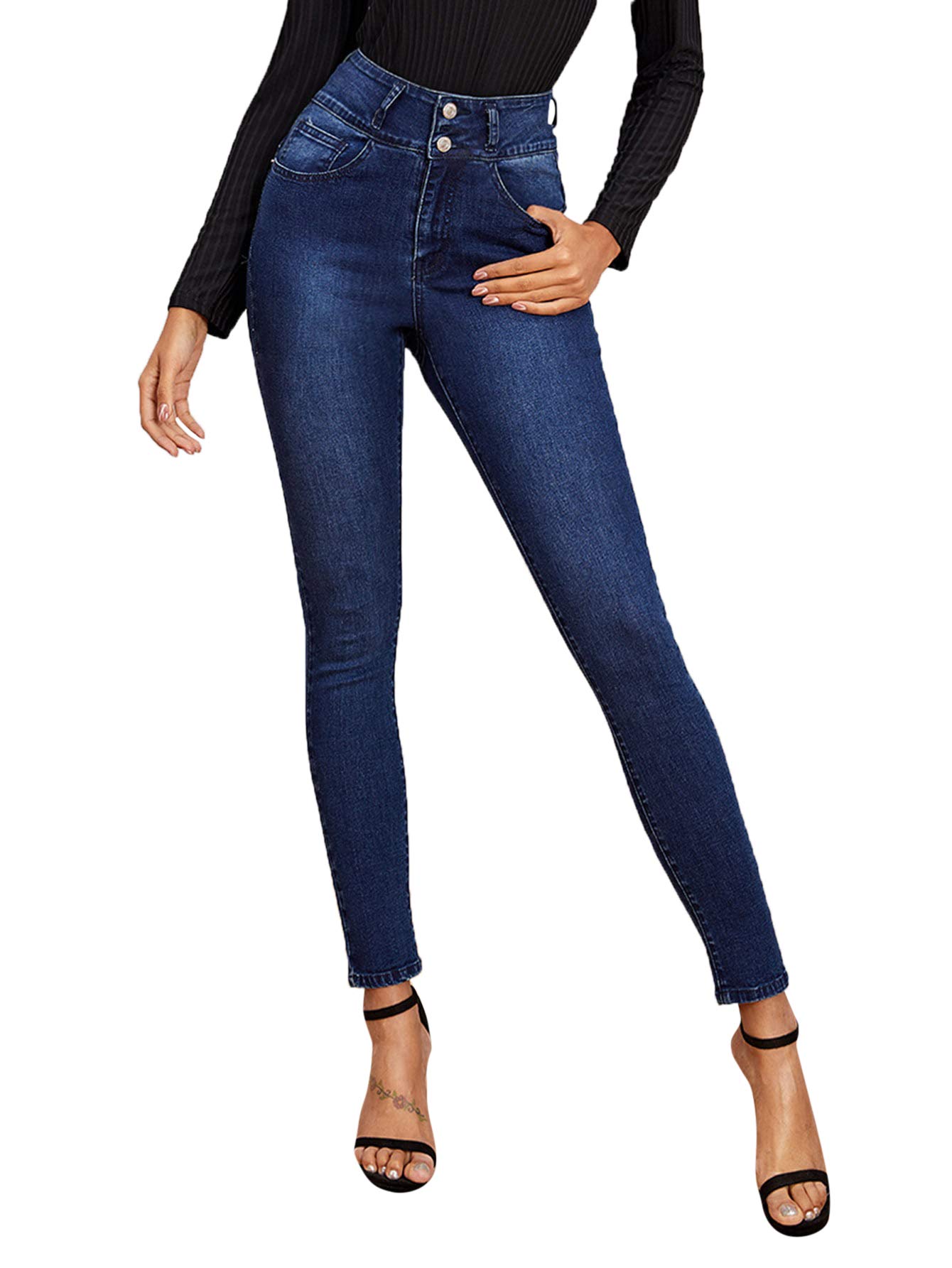SweatyRocks Women's Casual Button High Rise Skinny Denim Jeans