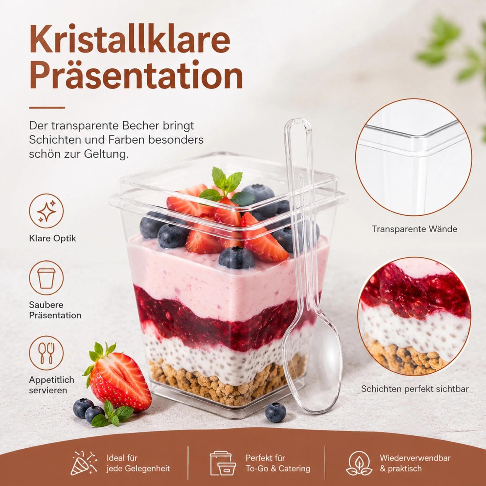 Hsxfl 30 vasos de postre de plástico, 150 ml, vasos de postre de plástico con cucharas, cuencos de postre transparentes, reutilizables, tazas de postre cuadradas para el hogar, postres, pudin