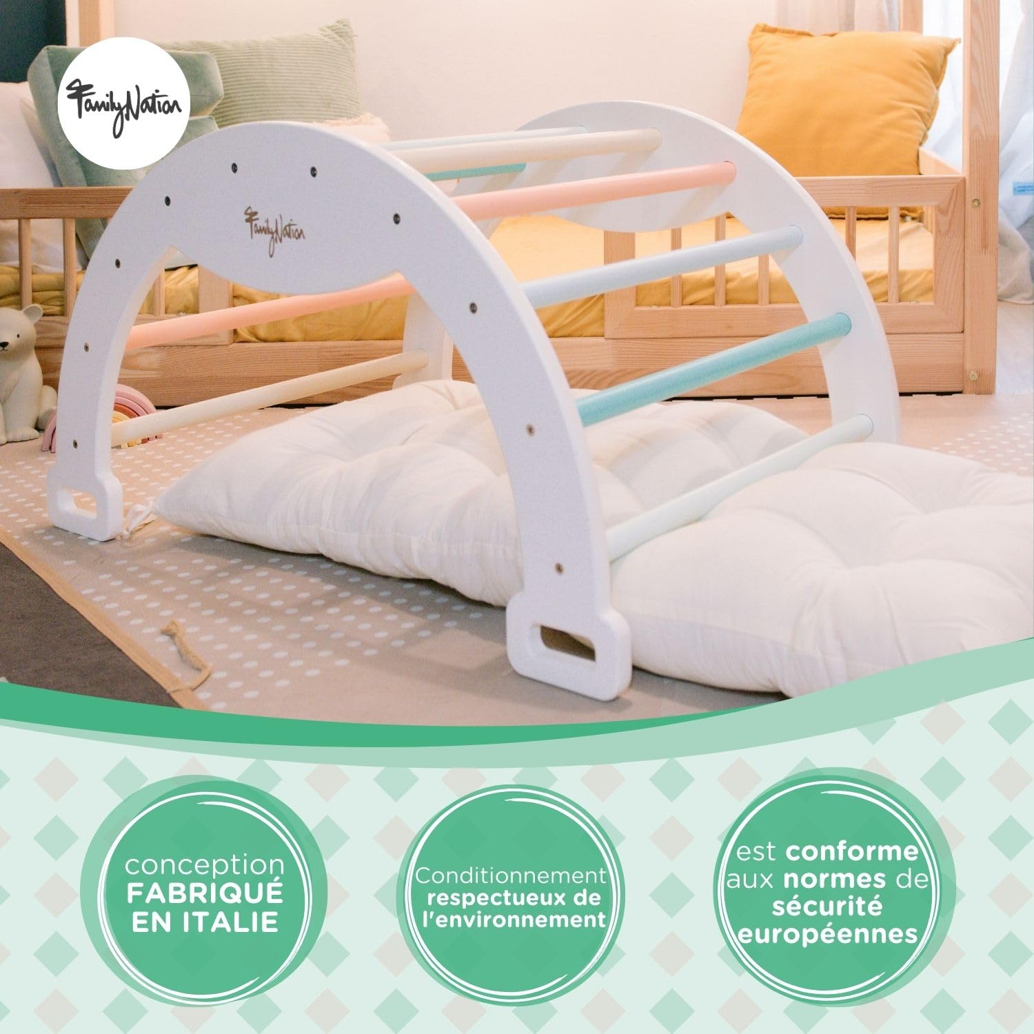 Family Nation, Coussin pour Arche d'escalade Rainbow, Jouet Montessori pour Enfants à partir de 6 Mois, en Laine Pelucheuse, Lavable en Machine, Made in Italy, 94x44x8 cm